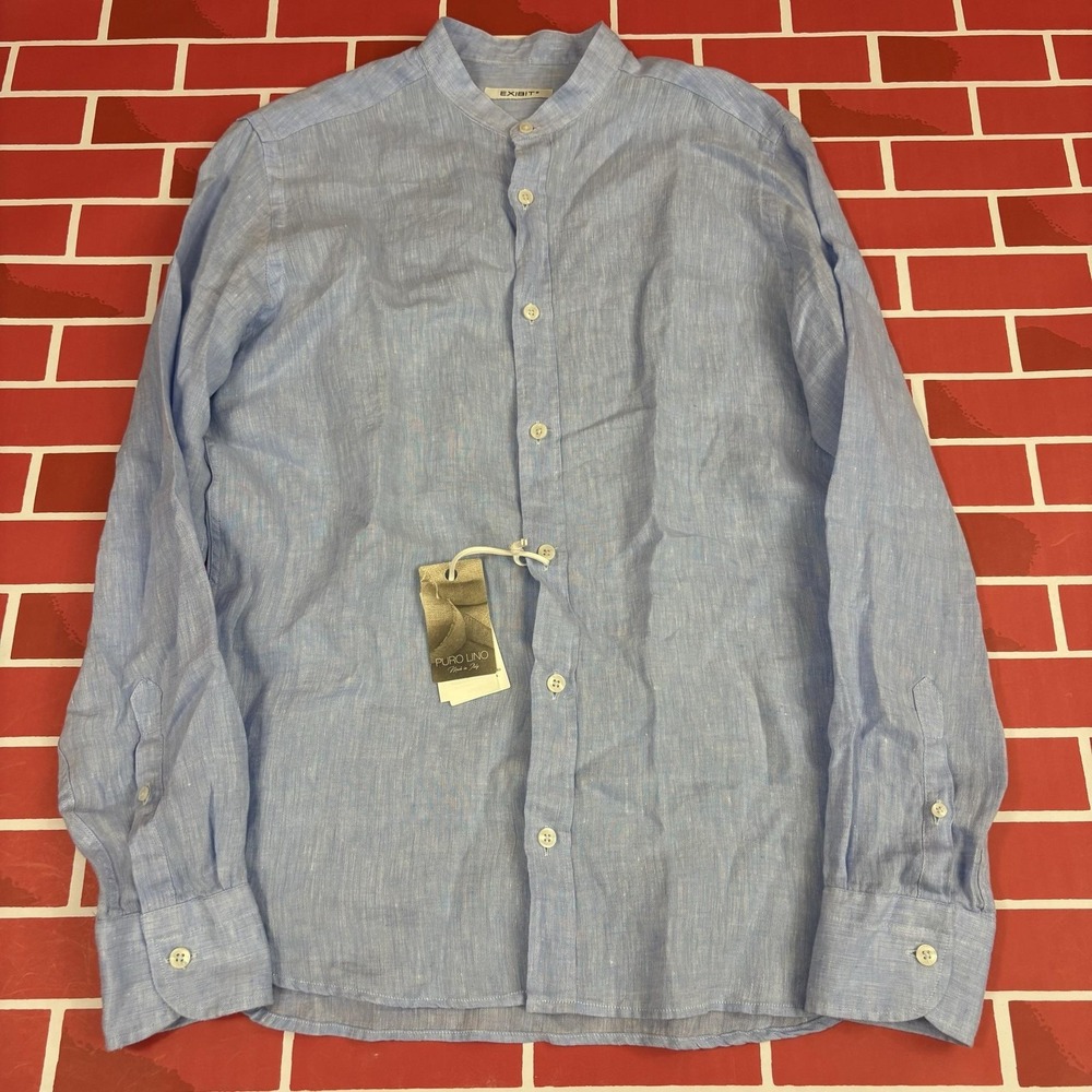 Exibit Linen Shirt Mens M Blue Band Collar Button-Up Long Sleeve Casual Italy